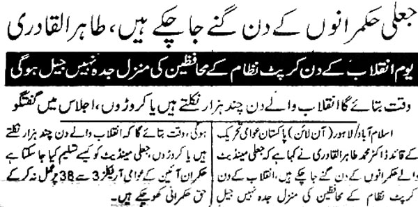Minhaj-ul-Quran  Print Media Coverage Daily Islam Back Page 